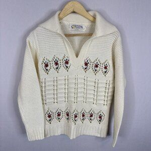 Vintage Hand Knit Floral Nordic Sweater Women’s L Fits S/M Cream Crochet